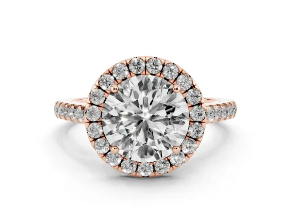 Round Cut Halo Pave Diamond Engagement Ring with Four-Prong Setting Rose gold
