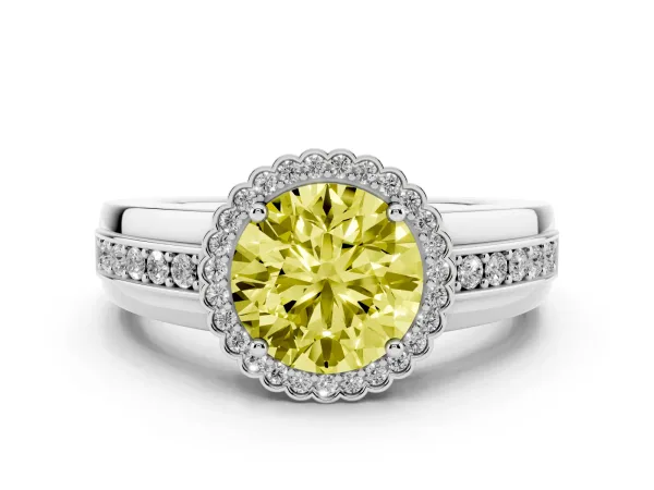 Fancy Yellow Round Cut Cut Halo Pave Band Four-Prong Ring White gold