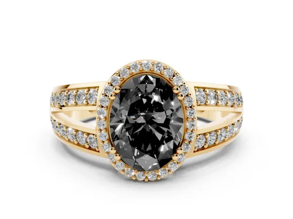 Fancy Black Oval Cut Diamond Halo Ring with Split Shank Pavé Band and Four-Prong Setting Yellow gold