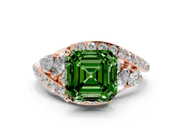 Fancy Green Asscher Cut Diamond Halo Ring with Marquise and Pavé Band in Prong Setting Rose gold