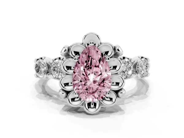 Fancy Pink Pear Cut Cut Diamond Floral Halo Engagement Ring with Shared Prong Setting White gold