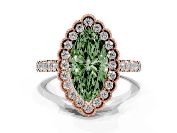 Fancy Green Marquise Cut Cut Diamond Milgrain Floral Halo Engagement Ring with Pavé Band Rose gold