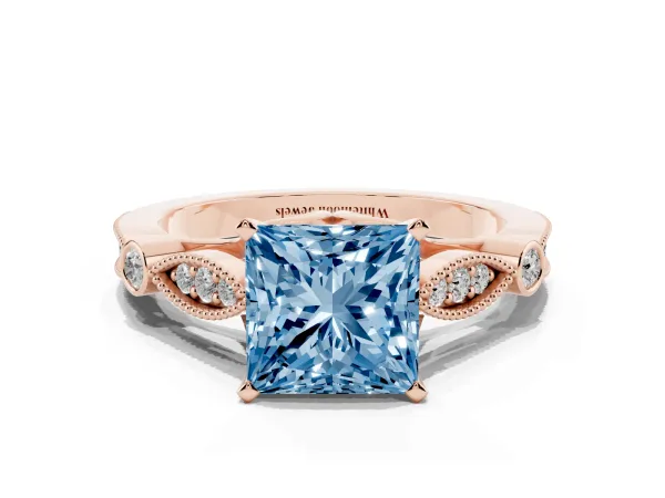 Fancy Blue Princess Cut Cut Diamond with Milgrain Marquise and Bezel Accents on a Solitaire Band with Prong Setting Rose gold