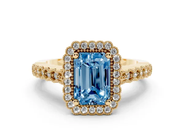 Fancy Blue Radiant Cut Cut Halo Pavé Solitaire Ring with Milgrain Band Yellow gold