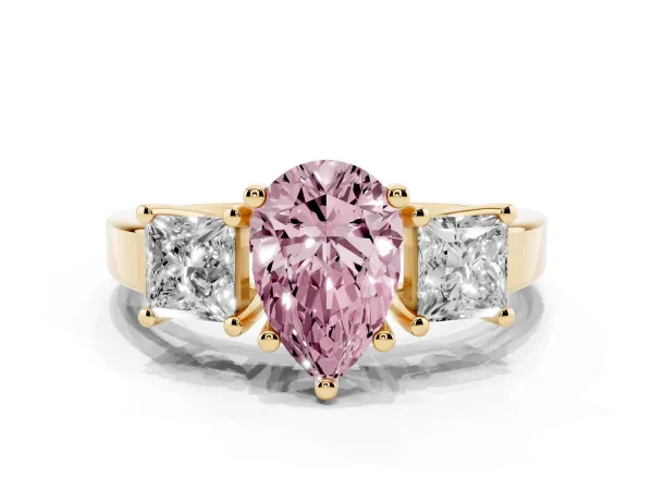 Fancy Pink Three-Stone Pear Cut Cut Solitaire Ring with Prong Setting Yellow gold