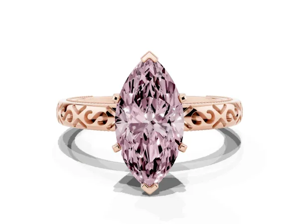 Fancy Pink Marquise Cut Solitaire Engagement Ring with Scrollwork Band and Four-Prong Setting Rose gold