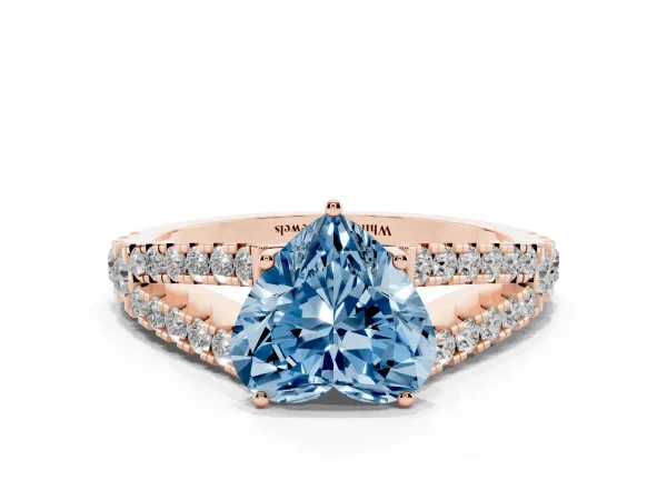 Fancy Blue Heart Cut Diamond Split Shank Pavé Engagement Ring with Four-Prong Setting Rose gold