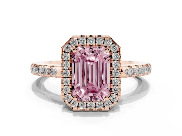 Fancy Pink Emerald Cut Halo Diamond Engagement Ring with Pavé Band and Four-Prong Setting Rose gold