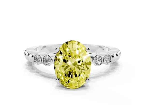 Fancy Yellow Oval Cut Solitaire Bezel Accent Diamond Engagement Ring with Beaded Band and Four-Prong Setting Platinum