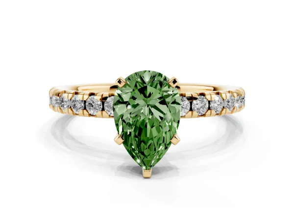 Fancy Green Pear Cut Diamond Solitaire Pavé Engagement Ring with Round Band and Prong Setting Yellow gold
