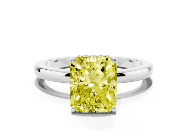 Fancy Yellow Radiant Cut Solitaire Diamond Ring with Prong Setting and Plain Band Platinum