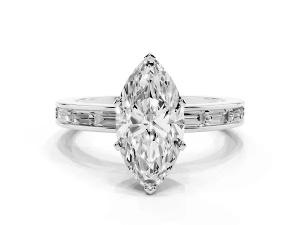 Marquise Cut Solitaire Diamond Ring with Channel-Set Baguette Band and Four-Prong Setting White gold