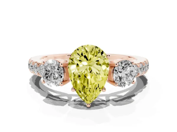 Fancy Yellow Pear Cut Cut Diamond Three-Stone Ring with Round Side Stones and Pavé Band Rose gold