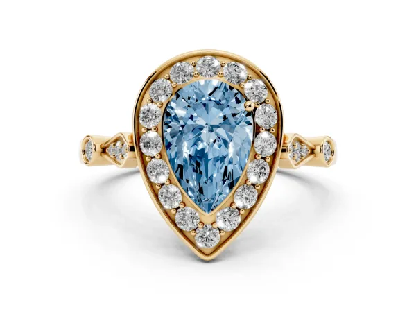 Fancy Blue Pear Cut Halo Diamond Engagement Ring with Twisted Band and Four-Prong Setting Yellow gold