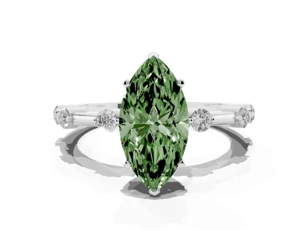 Fancy Green Marquise Cut Solitaire Diamond Ring with Bezel Set Side Stones and Prong Setting White gold