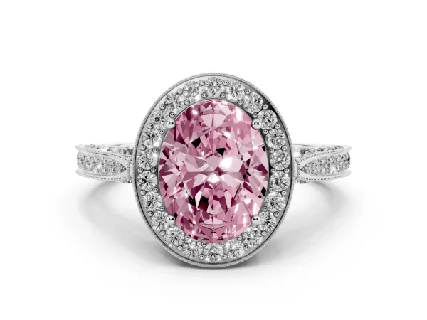 Fancy Pink Oval Cut Halo Diamond Engagement Ring with Split Shank Band and Four-Prong Setting Platinum