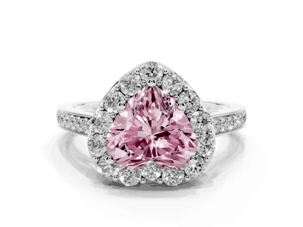 Fancy Pink Heart Cut Diamond Floral Halo Ring with Pavé Band and Prong Setting White gold