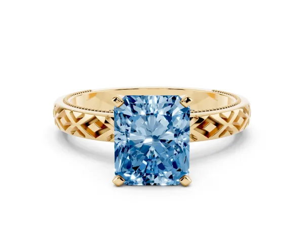 Fancy Blue Radiant Cut Solitaire Diamond Ring with Milgrain and Black Enamel X Pattern Band Yellow gold