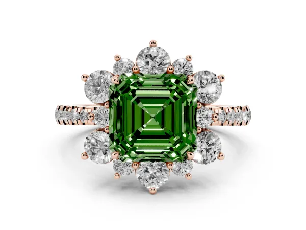 Fancy Green Asscher Cut Diamond Floral Halo Ring with Round Pavé Band and Prong Setting Rose gold