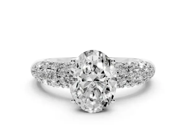 Oval Cut Diamond Pavé Band Solitaire Ring with Four-Prong Setting White gold