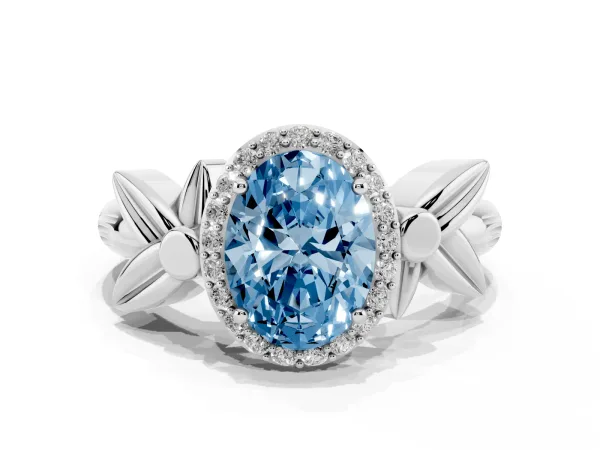 Fancy Blue Oval Cut Halo Diamond Floral Band with Four-Prong Setting White gold