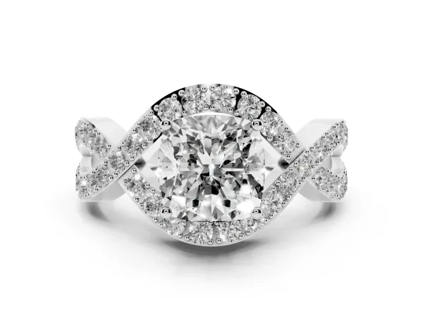 Cushion Cut Solitaire Twist Band Pavé Diamond Engagement Ring Platinum