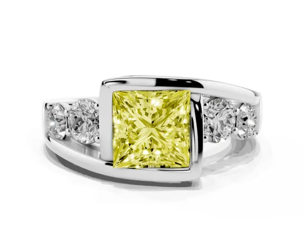 Fancy Yellow Bezel Set Princess Cut Diamond Bypass Ring with Round Accents Platinum