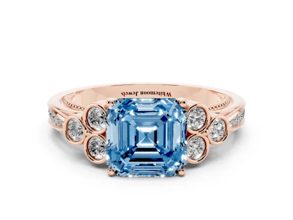 Fancy Blue Asscher Cut Cut Diamond Engagement Ring with Bezel Set Round Side Stones and Prong Setting Rose gold