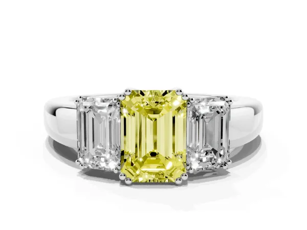 Fancy Yellow Three-Stone Emerald Cut Cut Diamond Ring with Channel Set Band and Four-Prong Setting Platinum