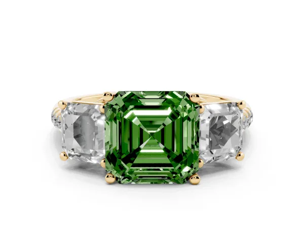 Fancy Green Three-Stone Asscher Cut Diamond Ring with Round Pavé Band and Prong Setting Yellow gold