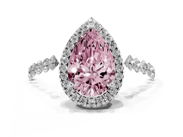 Fancy Pink Pear Cut Halo Pavé Diamond Engagement Ring with Four-Prong Setting White gold