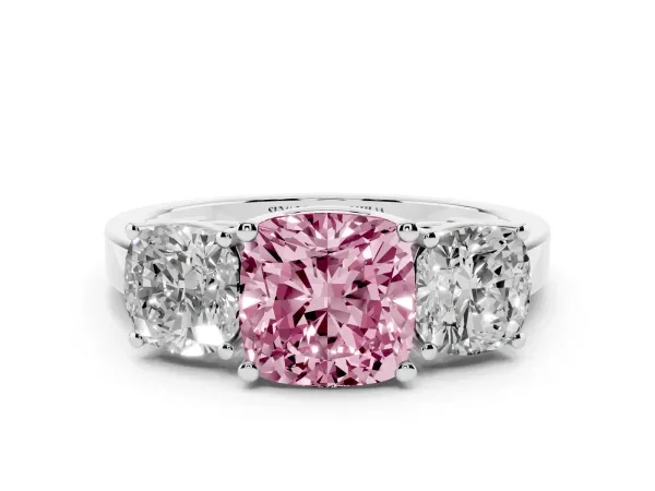 Fancy Pink Three-Stone Cushion Cut Cut Diamond Engagement Ring with Flat Band and Four-Prong Setting White gold
