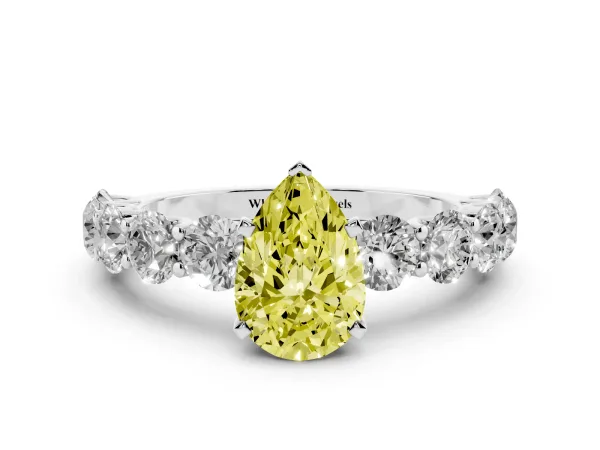 Fancy Yellow Pear Cut Diamond Prong Setting with Side Stones on a Pave Band Platinum