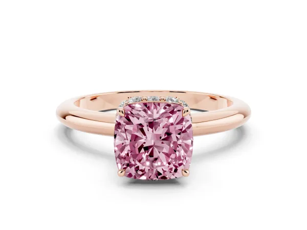 Fancy Pink Cushion Cut Brilliant Solitaire Engagement Ring with Six-Prong Setting and Classic Band Rose gold