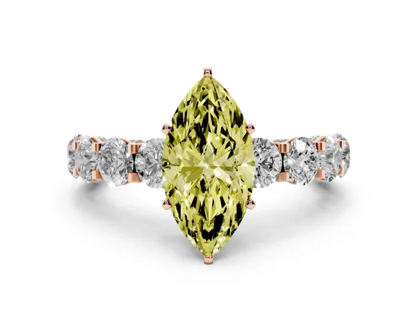 Fancy Yellow Marquise Cut Diamond Side Stone Engagement Ring with Four-Prong Setting Rose gold