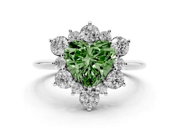 Fancy Green Heart Cut Diamond Cluster Halo Ring with Solitaire Band and Four-Prong Setting White gold