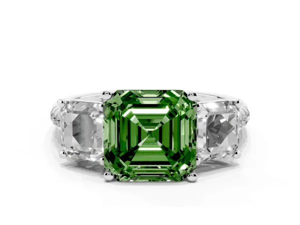 Fancy Green Three-Stone Asscher Cut Diamond Ring with Round Pavé Band and Prong Setting White gold