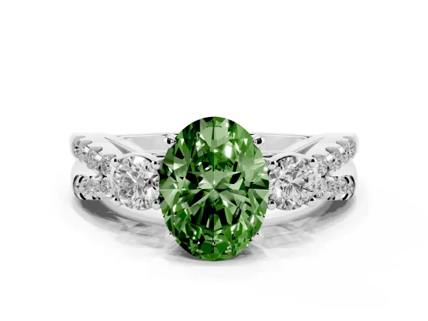 Fancy Green Oval Cut Diamond Three-Stone Ring with Pavé Split Shank and Four-Prong Setting White gold