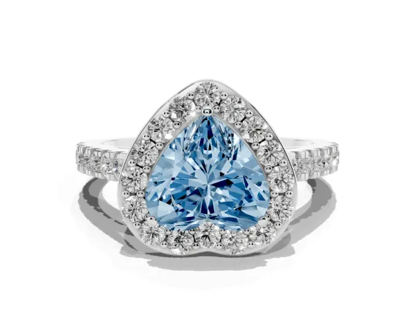 Fancy Blue Heart Cut Diamond Halo Ring with Round Pavé Split Shank and Prong Setting White gold