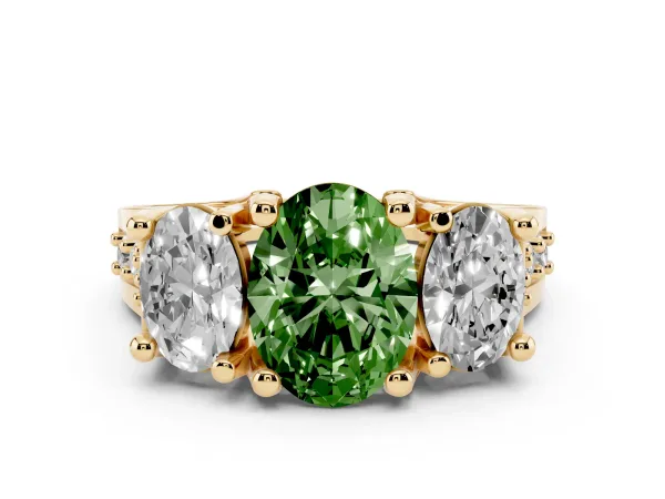 Fancy Green Oval Cut Diamond Three-Stone Ring with Channel Set Band and Four-Prong Setting Yellow gold