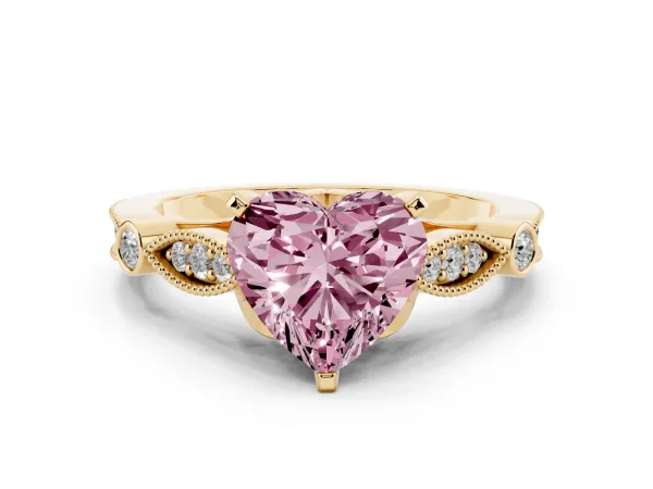 Fancy Pink Heart Cut Cut Diamond with Milgrain Marquise and Bezel Accents on a Solitaire Band with Prong Setting Yellow gold