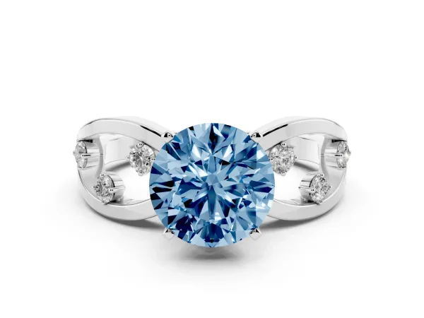 Fancy Blue Round Cut Cut Solitaire Diamond with Side Stones on Criss-Cross Band and Four-Prong Setting Platinum