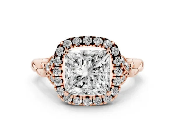Princess Cut Halo Diamond Engagement Ring with Vintage-Inspired Band and Four-Prong Setting Rose gold