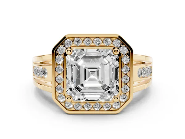 Asscher Cut Diamond Halo Ring with Split Shank and Bezel Accents and Prong Setting Yellow gold