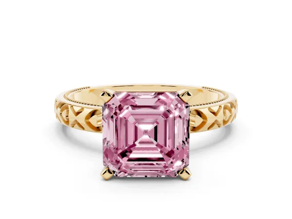 Fancy Pink Asscher Cut Solitaire Diamond Engagement Ring with XO Engraved Band and Four-Prong Setting Yellow gold