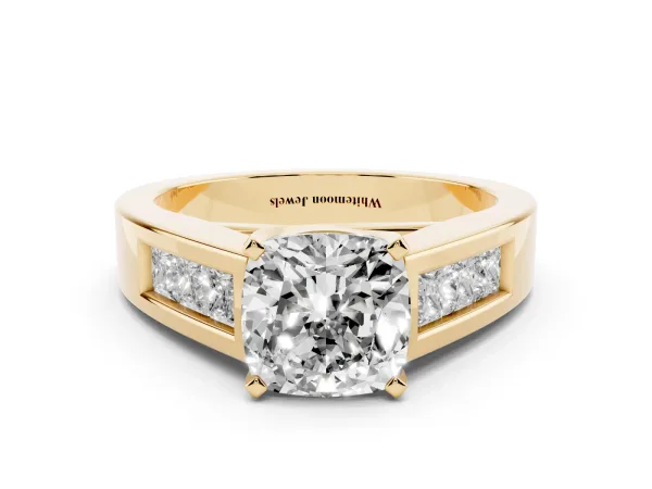 Cushion Cut Cut Channel Set Solitaire Ring with Four-Prong Setting Yellow gold