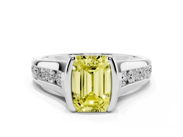 Fancy Yellow Emerald Cut Solitaire Bezel-Set Diamond Ring with Channel-Set Band White gold
