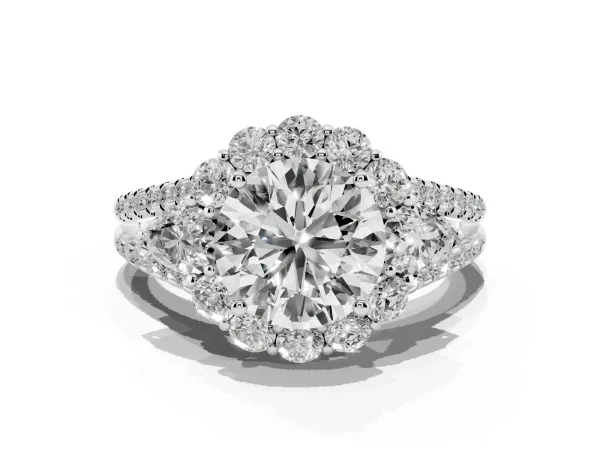Round Cut Halo Split Shank Diamond Engagement Ring with Prong Setting White gold