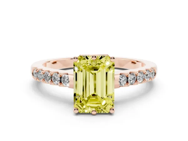 Fancy Yellow Emerald Cut Solitaire Diamond Engagement Ring with Pavé Band and Six-Prong Setting Rose gold