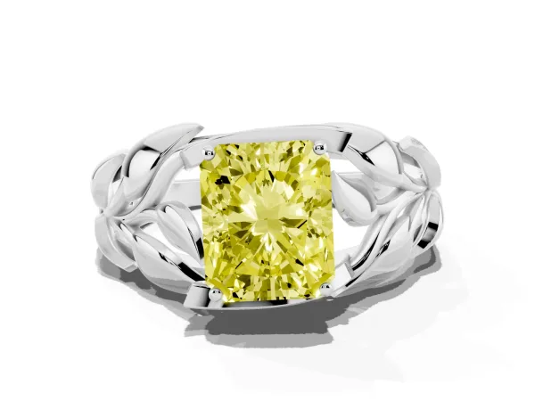 Fancy Yellow Radiant Cut Diamond Leaf-Inspired Engagement Ring with Round Accents and Prong Setting Platinum